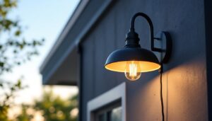 A photograph of a stylish gooseneck barn light fixture installed in a modern outdoor setting