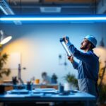 A photograph of a well-lit workspace featuring a 4-foot t5 lighting fixture in action