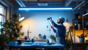 A photograph of a well-lit workspace featuring a 4-foot t5 lighting fixture in action