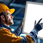 A photograph of a lighting contractor installing or examining a 1x4 flat panel led light fixture in a commercial setting