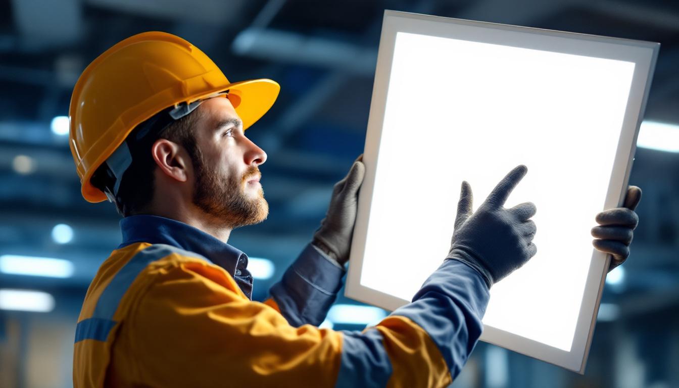 A photograph of a lighting contractor installing or examining a 1x4 flat panel led light fixture in a commercial setting