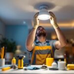 A photograph of a lighting contractor skillfully replacing a recessed light fixture with a sleek led model