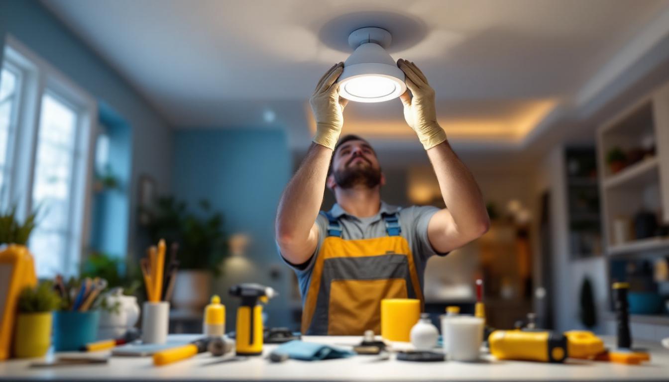 A photograph of a lighting contractor skillfully replacing a recessed light fixture with a sleek led model