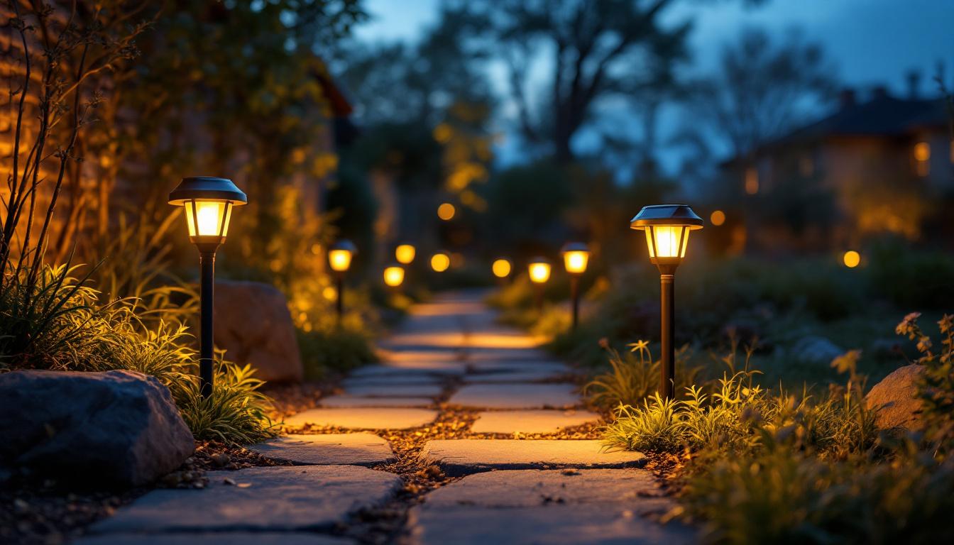 A photograph of a rugged outdoor setting showcasing heavy-duty solar lights illuminating a pathway or garden area at dusk