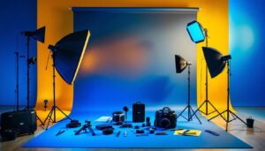 A photograph of a well-organized lighting setup featuring various professional lighting equipment
