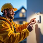 A photograph of a lighting contractor installing a motion detector switch with a timer in a residential setting
