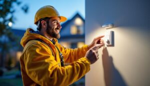 A photograph of a lighting contractor installing a motion detector switch with a timer in a residential setting