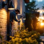 A photograph of a skilled lighting contractor expertly installing outdoor lighting fixtures in a beautifully landscaped setting during the golden hour
