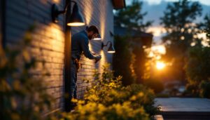 A photograph of a skilled lighting contractor expertly installing outdoor lighting fixtures in a beautifully landscaped setting during the golden hour