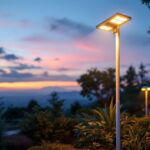 A photograph of a beautifully illuminated solar outdoor pole light in a landscaped setting during twilight