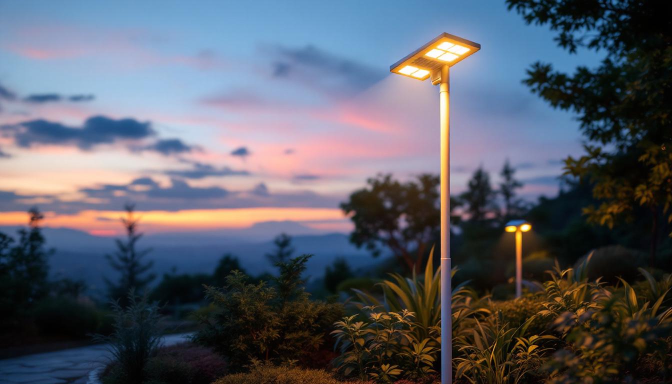 A photograph of a beautifully illuminated solar outdoor pole light in a landscaped setting during twilight