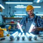 A photograph of a lighting contractor comparing t12 and t8 fluorescent tubes in a well-lit workspace