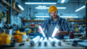 A photograph of a lighting contractor comparing t12 and t8 fluorescent tubes in a well-lit workspace