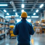 A photograph of a lighting contractor inspecting a well-lit workspace