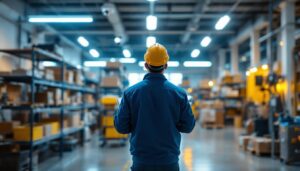 A photograph of a lighting contractor inspecting a well-lit workspace