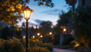 A photograph of a beautifully illuminated exterior solar lamp post in a residential setting during twilight