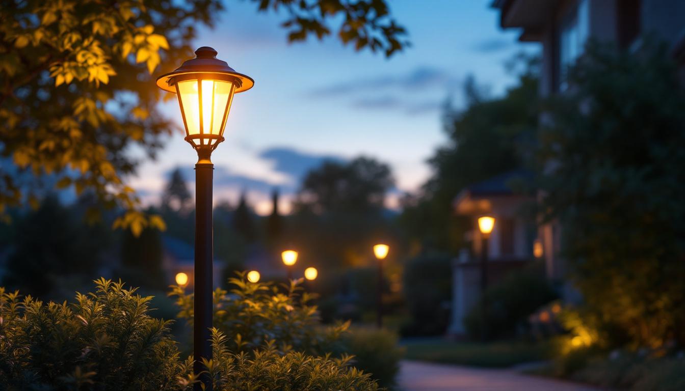 A photograph of a beautifully illuminated exterior solar lamp post in a residential setting during twilight