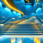 A photograph of a modern commercial stairwell featuring innovative lighting designs that highlight the architectural elements