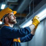 A photograph of a lighting contractor expertly installing or inspecting a ballast 4 lamp t8 system in a well-lit commercial space