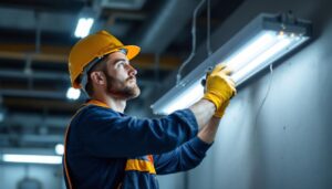 A photograph of a lighting contractor expertly installing or inspecting a ballast 4 lamp t8 system in a well-lit commercial space