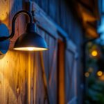 A photograph of a beautifully designed outside barn light illuminating a rustic barn setting at dusk
