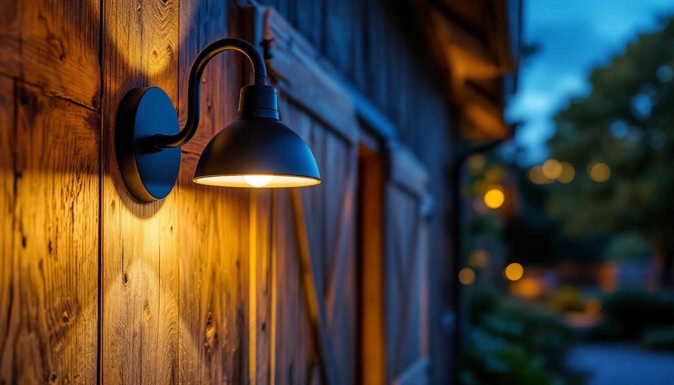 A photograph of a beautifully designed outside barn light illuminating a rustic barn setting at dusk