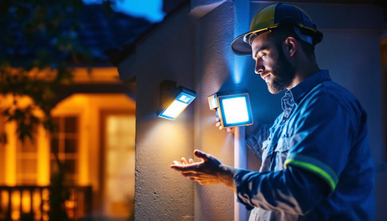 A photograph of a lighting contractor installing a state-of-the-art security motion light in a residential setting