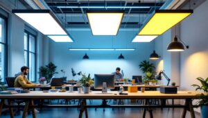 A photograph of a well-lit workspace showcasing various 8' led light fixtures installed in a modern setting