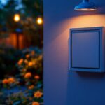 A photograph of a beautifully designed decorative outdoor electrical box cover integrated into a stylish outdoor lighting setup