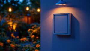 A photograph of a beautifully designed decorative outdoor electrical box cover integrated into a stylish outdoor lighting setup