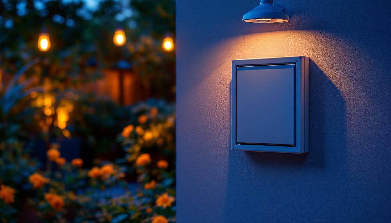 A photograph of a beautifully designed decorative outdoor electrical box cover integrated into a stylish outdoor lighting setup