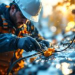 A photograph of a lighting contractor expertly using a waterproof wire splice kit in a dynamic outdoor setting
