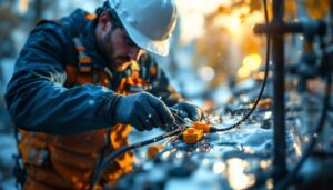 A photograph of a lighting contractor expertly using a waterproof wire splice kit in a dynamic outdoor setting