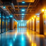 A photograph of a well-lit commercial building interior featuring emergency lighting systems in action
