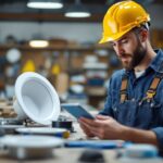 A photograph of a lighting contractor examining various 6-inch recessed light housings in a well-lit workshop