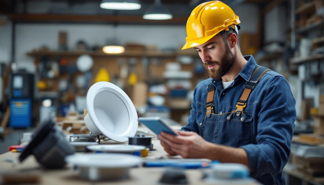 A photograph of a lighting contractor examining various 6-inch recessed light housings in a well-lit workshop