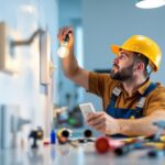 A photograph of a skilled lighting contractor installing or inspecting various types of light receptacles in a well-lit