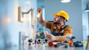 A photograph of a skilled lighting contractor installing or inspecting various types of light receptacles in a well-lit