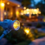 A photograph of a close-up shot of waterproof electric cable connectors in use within a well-lit outdoor lighting project