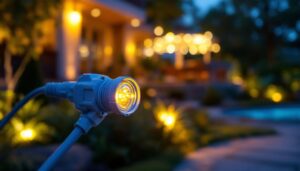 A photograph of a close-up shot of waterproof electric cable connectors in use within a well-lit outdoor lighting project