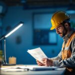 A photograph of a well-lit workspace featuring a 3-foot strip light illuminating a contractor reviewing plans or working on a project