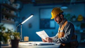 A photograph of a well-lit workspace featuring a 3-foot strip light illuminating a contractor reviewing plans or working on a project