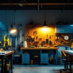 A photograph of a well-lit workshop or garage space featuring four distinct shop lights in use