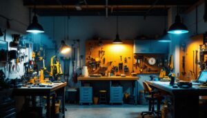 A photograph of a well-lit workshop or garage space featuring four distinct shop lights in use
