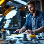 A photograph of a lighting contractor evaluating various led fixtures in a well-lit workspace
