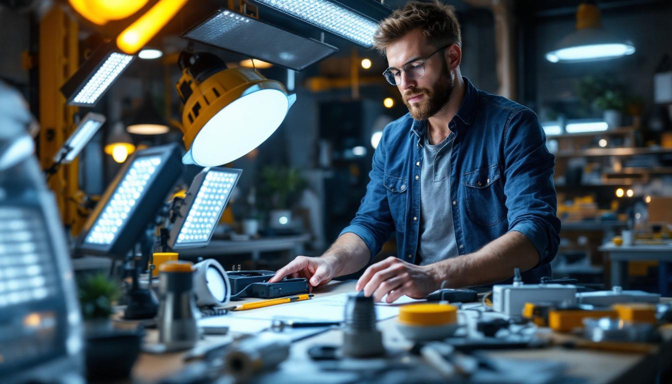 A photograph of a lighting contractor evaluating various led fixtures in a well-lit workspace