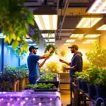 A photograph of a well-organized greenhouse interior showcasing various grow lights in action