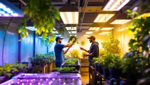 A photograph of a well-organized greenhouse interior showcasing various grow lights in action