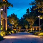 A photograph of a modern outdoor lighting setup featuring various types of light sensors in action