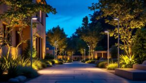A photograph of a modern outdoor lighting setup featuring various types of light sensors in action
